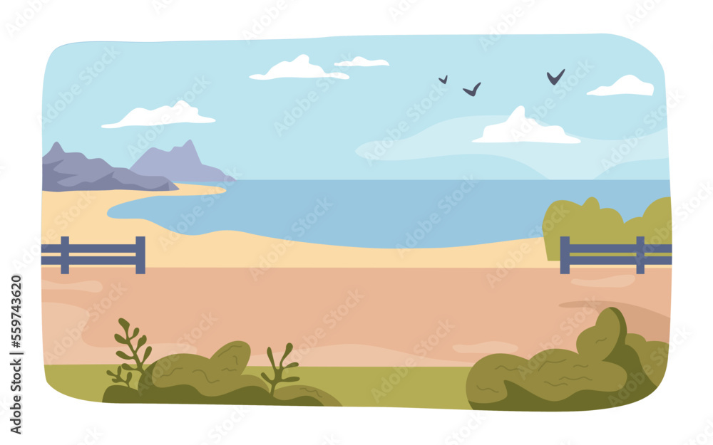 Seascape landscape with mountain range and bushes, travel to sea. Nature scene with flying birds and clear sky. Summer vacation spot, natural view. Vector in flat style