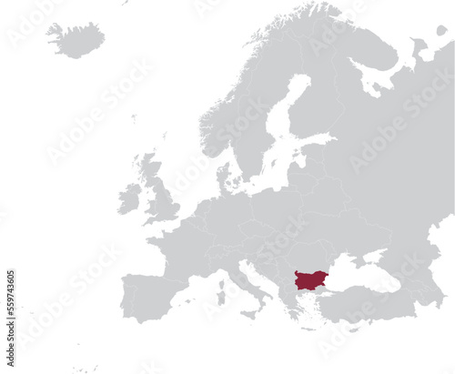 Maroon Map of Bulgaria within gray map of European continent