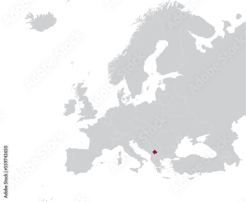 Maroon Map of Kosovo within gray map of European continent