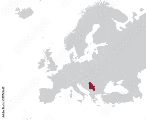 Maroon Map of Serbia within gray map of European continent