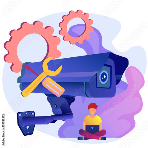 CCTV service abstract concept illustration. Man remotely configuring CCTV via laptop. Maintenance CCTV vector concept.