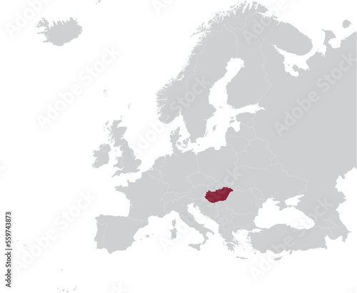 Maroon Map of Hungary within gray map of European continent
