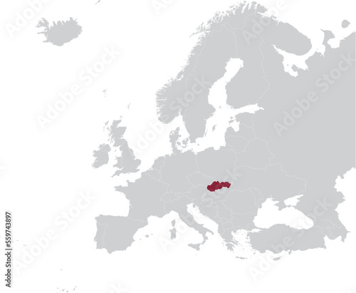 Maroon Map of Slovakia within gray map of European continent