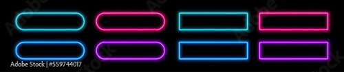 Neon button frames, coloful glowing borders, isolated UI elements. Action button decoration with various corner radius. Vector illustration.