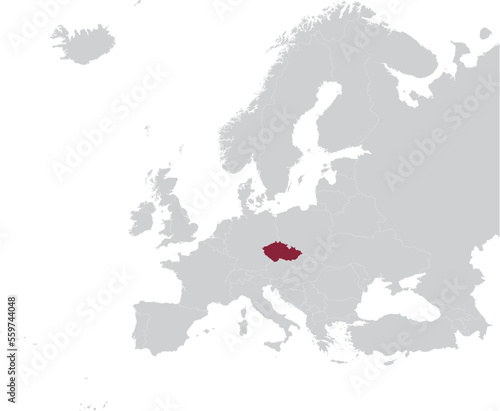 Maroon Map of Czech Republic within gray map of European continent