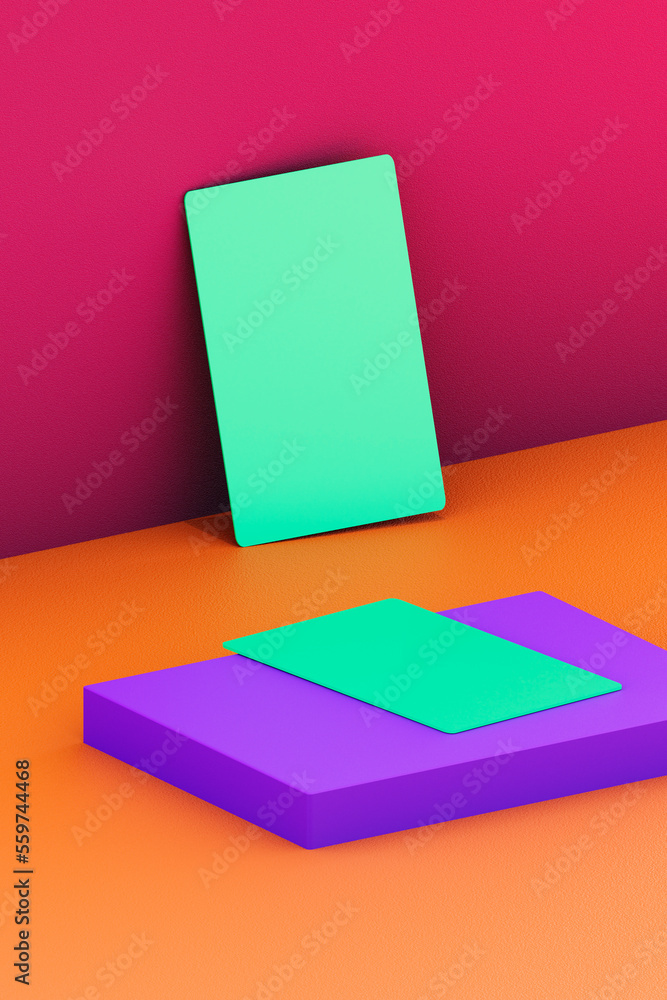 Empty credit or gift card template. Card leaning against wall. Copy space available. Cards modelled against official credit card sizes. Template in saturated conceptual colors Empty credit or gift card template. Card leaning against wall. Copy space available. Cards modelled against official credit card sizes. Template in saturated conceptual colors