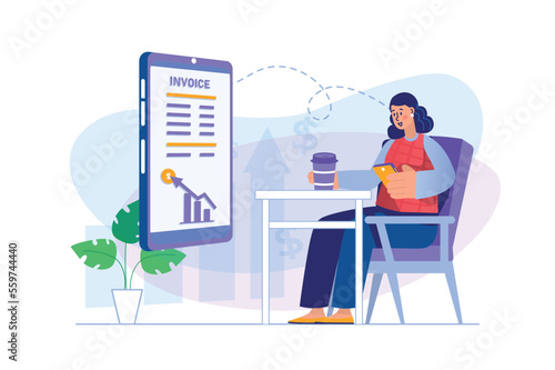Mobile banking concept with people scene. Woman receives invoice and paying electronic receipt online using mobile application. Illustration with character in flat design for web banner