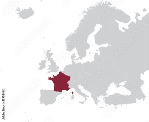 Maroon Map of France within gray map of European continent