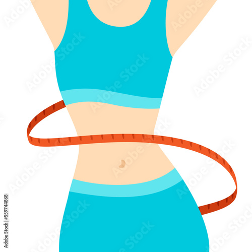 Illustration of slim woman with measure tape. Sports girl in fitness clothes.