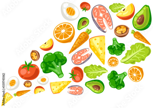 Fototapeta Naklejka Na Ścianę i Meble -  Background with healthy eating and diet meal. Fruits, vegetables and proteins for proper nutrition.