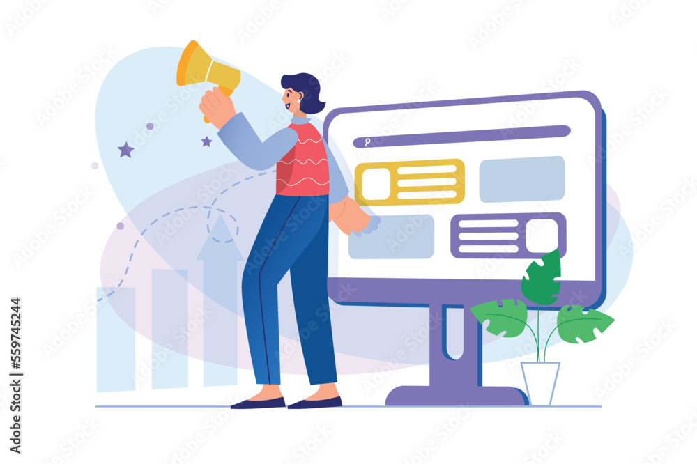 Digital marketing concept with people scene. Woman develops strategy for promoting in social networks and analyzes statistics. Illustration with character in flat design for web banner Digital marketing concept with people scene. Woman develops strategy for promoting in social networks and analyzes statistics. Illustration with character in flat design for web banner