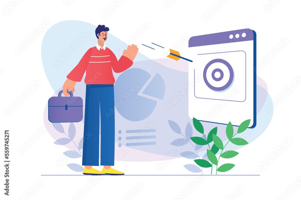 Business target concept with people scene. Man sets ambitious goals and hits bull's eye, achieves career growth and business success. Illustration with character in flat design for web banner Business target concept with people scene. Man sets ambitious goals and hits bull's eye, achieves career growth and business success. Illustration with character in flat design for web banner