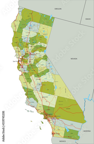 Highly detailed editable political map with separated layers. California.