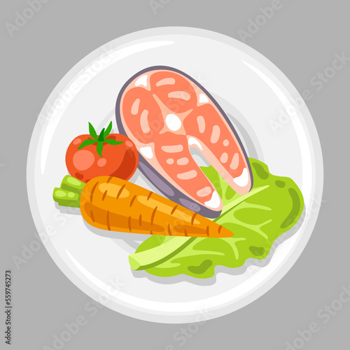 Illustration of plate with food. Healthy eating and diet meal. Fruits, vegetables and proteins for proper nutrition.