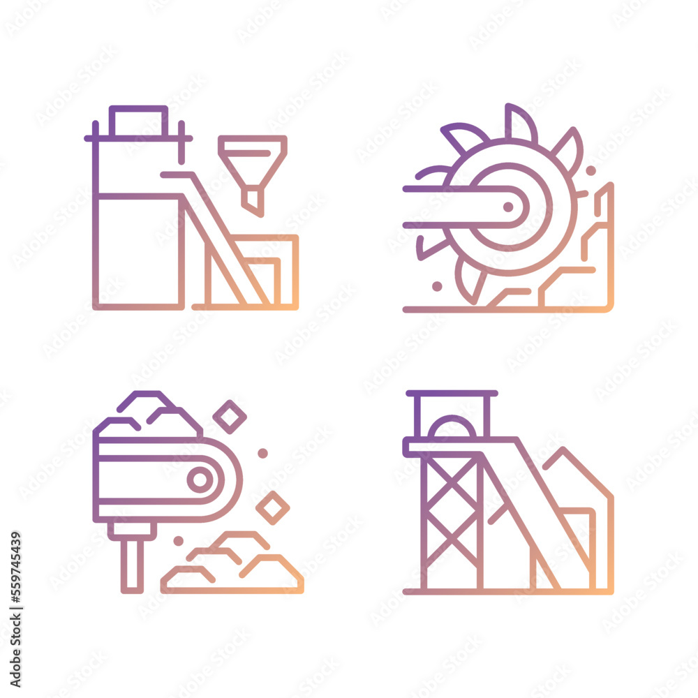 Coal mining process pixel perfect gradient linear vector icons set. Processing plant. Bucket wheel excavator. Thin line contour symbol designs bundle. Isolated outline illustrations collection Coal mining process pixel perfect gradient linear vector icons set. Processing plant. Bucket wheel excavator. Thin line contour symbol designs bundle. Isolated outline illustrations collection