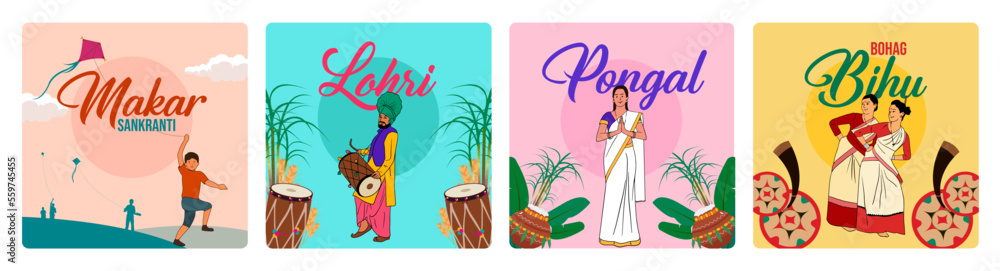 Indian festivals Makar Sankranti, Lohri, Pongal, and Bohag Bihu editable vector illustration social media posts and banners - obrazy, fototapety, plakaty 