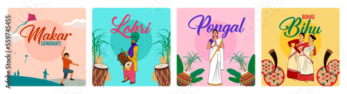 Indian festivals Makar Sankranti, Lohri, Pongal, and Bohag Bihu editable vector illustration social media posts and banners