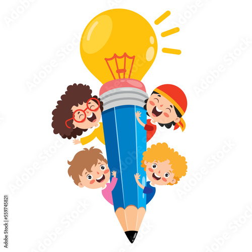 Kids Posing With Pencil Character