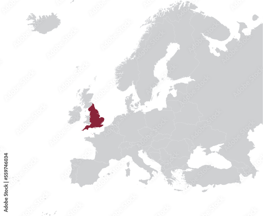 Maroon Map of England within gray map of European continent