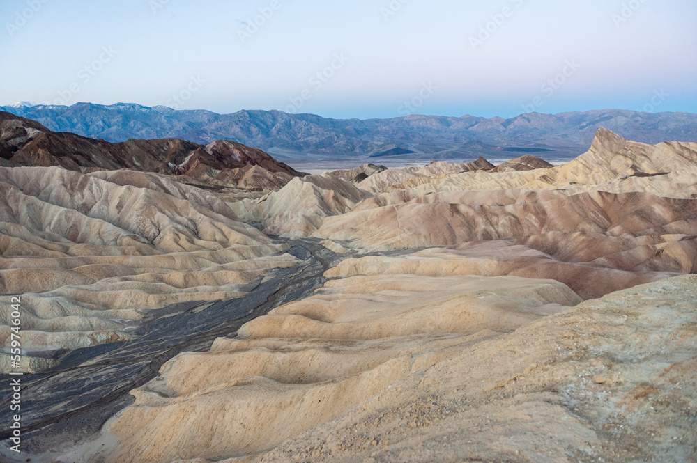Zabriski point is one of the most colourful spots in Death Valley national park, in particular during sunrise, as depicted in this image.