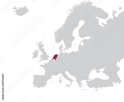 Maroon Map of Netherlands within gray map of European continent