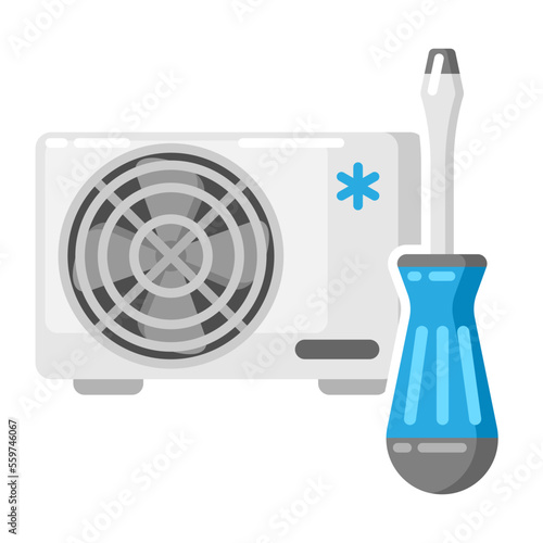Illustration of repair outdoor box air conditioner. Icon or image for industry and business.