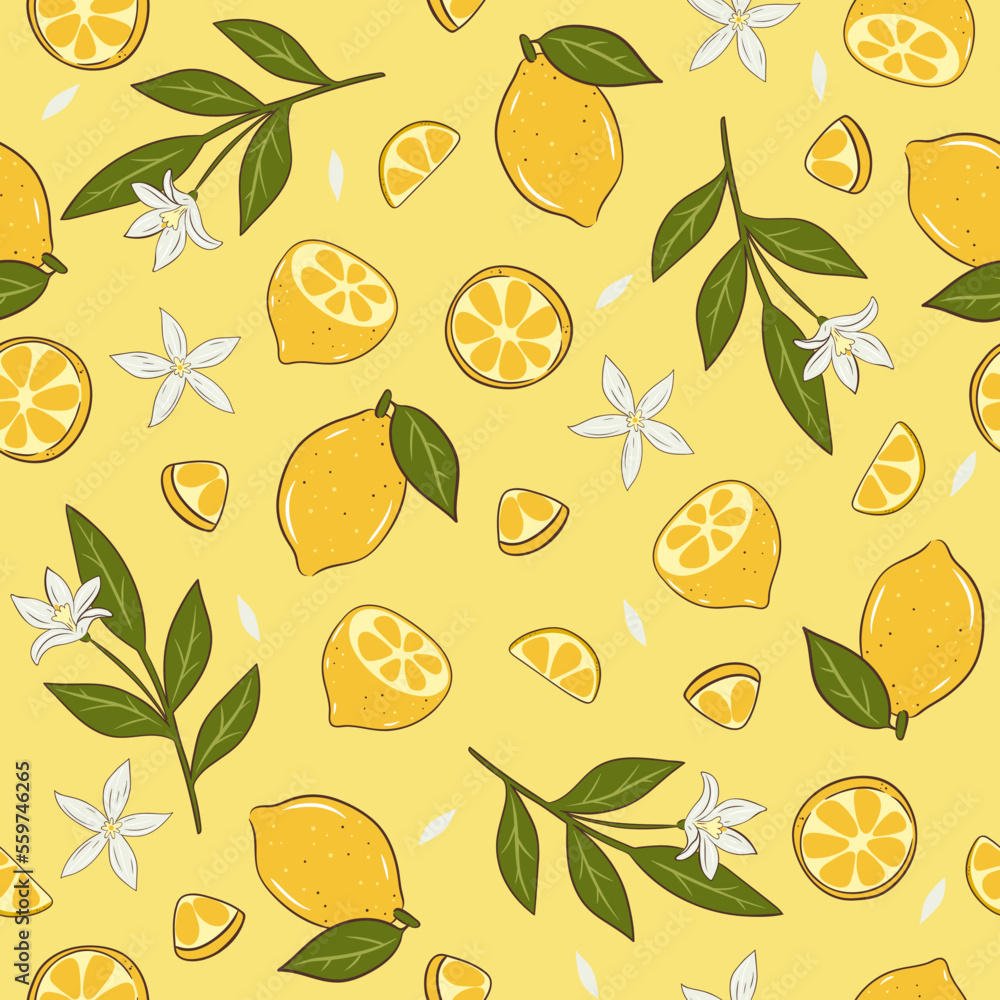 Obraz premium Seamless pattern with lemons, twigs, flowers and lemon slices. Vector graphics.