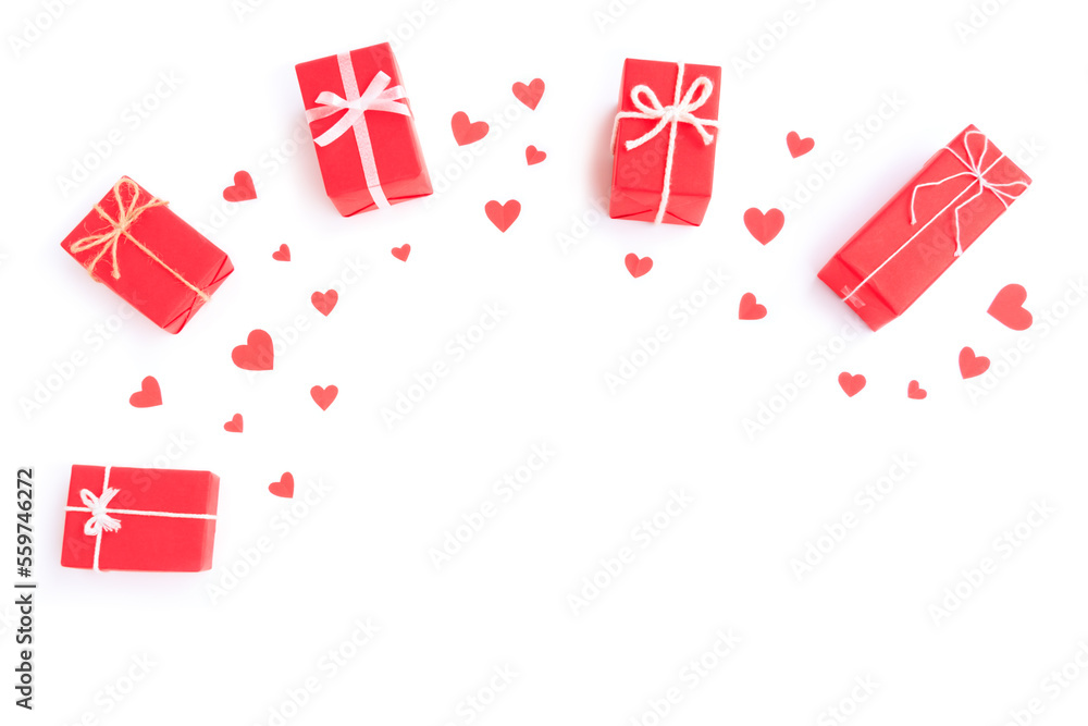 Red gift boxs with bow and Red papercut heart shapes isolated on white background Red gift boxs with bow and Red papercut heart shapes isolated on white background
