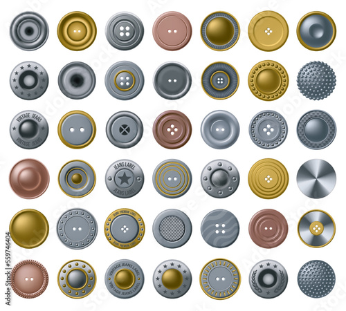 Realistic buttons for clothes. Vintage metal fastener, denim accessory button and top view antique bronze garment fasteners vector set
