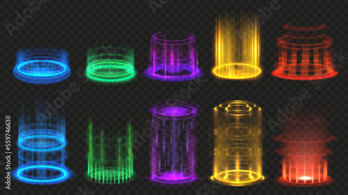 Magic portals. Aura glow effect, vertical teleport portal beam and futuristic light vector illustration set