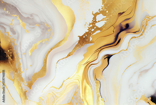 Abstract white and metallic gold luxury marble background, watercolor paint texture imitation created with Generative AI technology