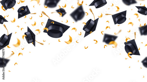 Flying graduation caps with confetti. School, college or university achievement celebration frame with students hats, education template realistic vector 3D illustration