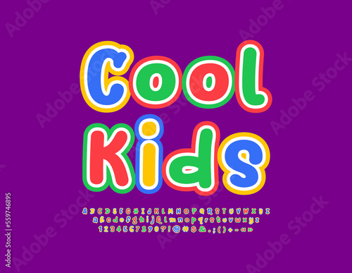 Vector funny Emblem Cool Kids. Colorful handwritten Font. Bright Alphabet Letters and Numbers set