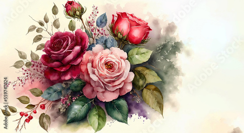 A bouquet of red and pink watercolor roses - Generative AI