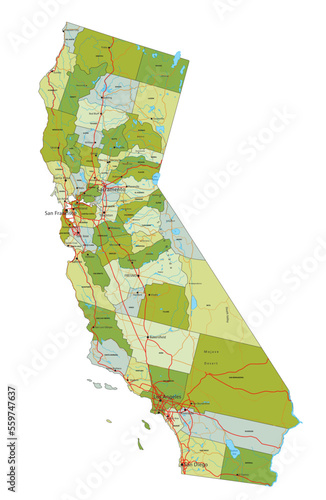 Highly detailed editable political map with separated layers. California.