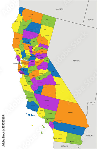 Colorful California political map with clearly labeled, separated layers. Vector illustration.