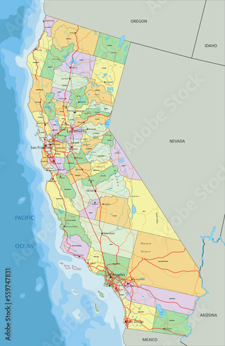 California - Highly detailed editable political map with labeling.