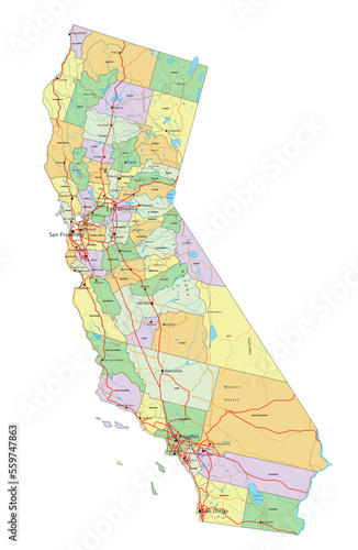 California - Highly detailed editable political map with labeling.