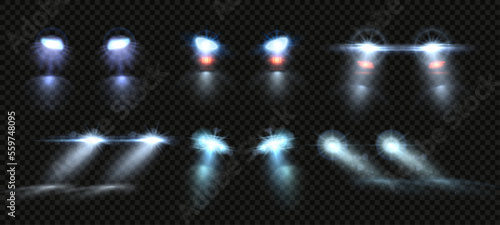 Car lights. Night road headlights beams, light overlay effect of auto lamps flares isolated vector set