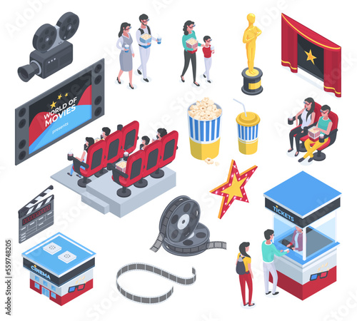 Isometric movie theatre visitors, cinema elements. People buying popcorn and sitting in cinema chairs, watching film on screen 3D vector illustration set. Entertainment cinema collection