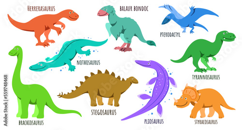 Set of cute happy dinosaurs  with the names of each  the inhabitants of the ancient world in a children s cartoon style smiles  Dromeosaurus and Tyrannosaurus  Brachiosaurus and Pterodactyl