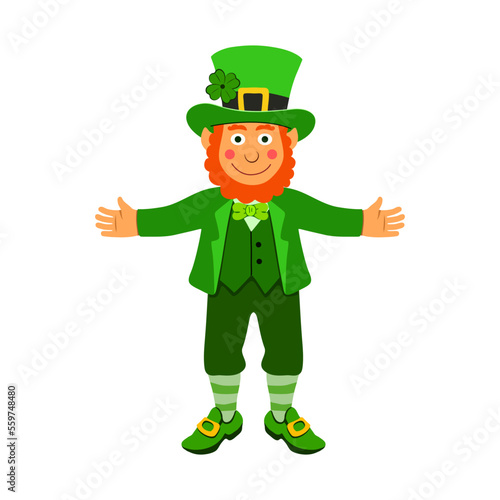 Leprechaun with clover in hat waving, smiling red-bearded Irishman in green suit greets with outstretched arms, St. Patrick's Day symbol. Vector illustration