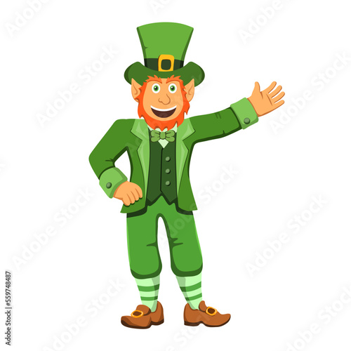 A happy leprechaun waves his hand and greets. A smiling red-bearded Irishman in a green suit. Vector illustration in cartoon, flat style, good luck and st. patrick's day symbol photo