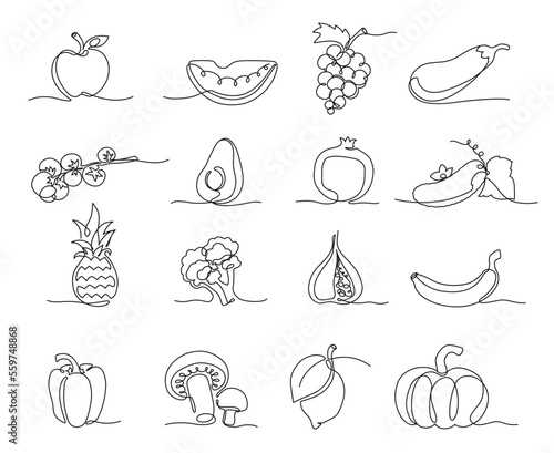 One line vegetables and fruits. Hand drawn groceries, healthy and natural vegan food continuous line vector Illustration set