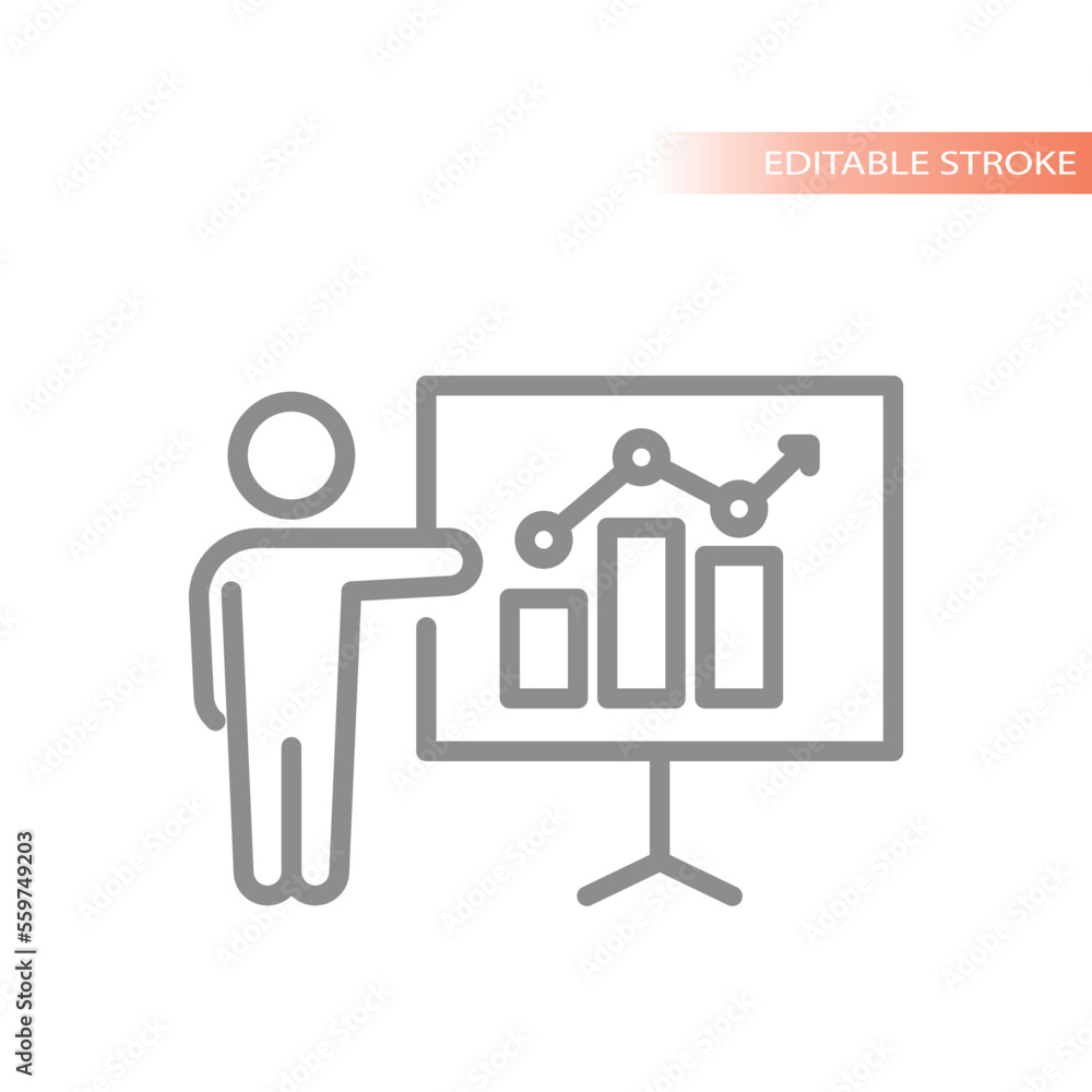 Financial business report board line vector icon. Businessman speaker and presentation, data analysis outlined symbol. Financial business report board line vector icon. Businessman speaker and presentation, data analysis outlined symbol.