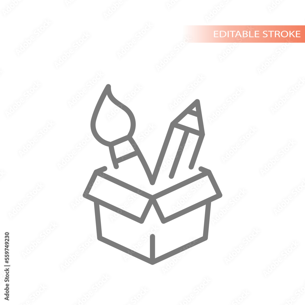 Open box, paintbrush and pencil line vector icon. Idea, creative solution outlined symbol. Open box, paintbrush and pencil line vector icon. Idea, creative solution outlined symbol.