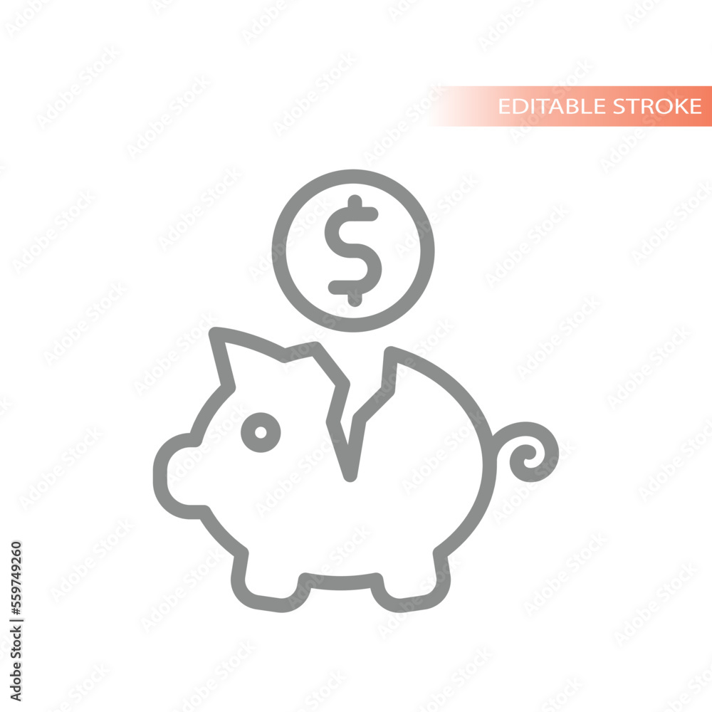Broken piggy bank and dollar coin line vector icon. Inflation, bankruptcy outlined symbol. Broken piggy bank and dollar coin line vector icon. Inflation, bankruptcy outlined symbol.