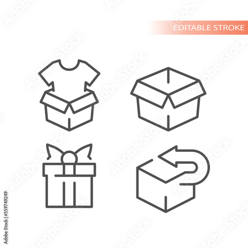 Outlined box vector icon set. Delivery package parcel boxes, gift box and t-shirt item line icons.