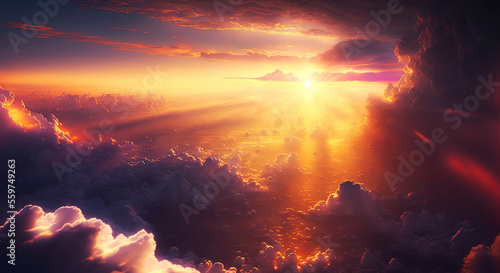 Over the clouds airplane view, cloudscape with sunlight rays at the colorful sunset - Generative AI