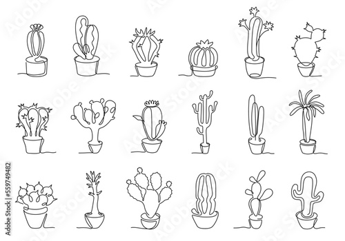 One continuous line potted cactus. Hand drawn Mexican cacti, home decor plants vector illustration set